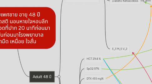 Mind Map: ผู้ป่วยเพศชาย อายุ 48 ปี  CC: หมดสติ นอนหายใจหอบลึก พบรอยเลือดที่ปาก 20 นาทีก่อนมา  PI: 3 วันก่อนมาโรงพยาบาล หน้ามืด เหนื่อย ใจสั่น