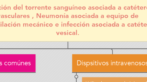 Mind Map: Infección del torrente sanguíneo asociada a catéteres vasculares , Neumonía asociada a equipo de ventilación mecánico e infección asociada a catéter vesical.