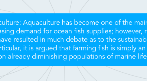 Mind Map: Sustainable Aquaculture: Aquaculture has become one of the main avenues to manage the increasing demand for ocean fish supplies; however, recent trends in the industry have resulted in much debate as to the sustainability of this approach. In particular, it is argued that farming fish is simply an additional drain on already diminishing populations of marine life.