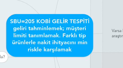 Mind Map: SBU=205 KOBİ GELİR TESPİTİ geliri tahminlemek; müşteri limiti tanımlamak. Farklı tip ürünlerle nakit ihityacını min riskle karşılamak