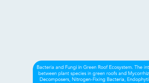 Mind Map: Bacteria and Fungi in Green Roof Ecosystem. The interactions between plant species in green roofs and Mycorrhizal Fungi, Decomposers, Nitrogen-Fixing Bacteria, Endophytic Fungi, Pathogens, and the interactions between different kinds of microbes.