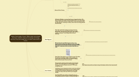 Mind Map: Modern Technologies: Group 2  What modern technologies have been created to improve home design and energy efficiency? Any technology that is a modern improvement on homes.