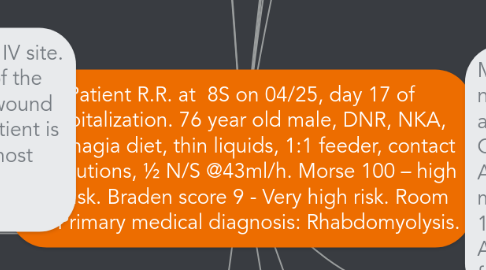 Mind Map: Patient R.R. at  8S on 04/25, day 17 of hospitalization. 76 year old male, DNR, NKA, dysphagia diet, thin liquids, 1:1 feeder, contact precautions, ½ N/S @43ml/h. Morse 100 – high fall risk. Braden score 9 - Very high risk. Room Air. Primary medical diagnosis: Rhabdomyolysis.