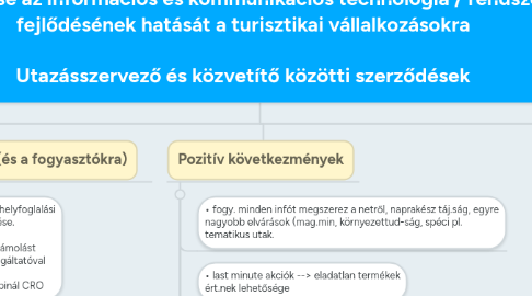 Mind Map: 5. tétel - A globalizáció hatással van az utazási, fogyasztási szokásokra.  Ismertesse az információs és kommunikációs technológia / rendszerek fejlődésének hatását a turisztikai vállalkozásokra  Utazásszervező és közvetítő közötti szerződések