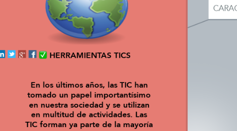 Mind Map: HERRAMIENTAS TICS                                                                                                                                       En los últimos años, las TIC han tomado un papel importantísimo en nuestra sociedad y se utilizan en multitud de actividades. Las TIC forman ya parte de la mayoría de sectores: educación, robótica, Administración pública, empleo y empresas, salud…