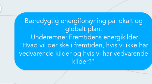 Mind Map: Bæredygtig energiforsyning på lokalt og globalt plan:  Underemne: Fremtidens energikilder "Hvad vil der ske i fremtiden, hvis vi ikke har vedvarende kilder og hvis vi har vedvarende kilder?"