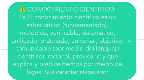 Mind Map: CONOCIMIENTO CIENTIFICO; Es El conocimiento científico es un saber crítico (fundamentado), metódico, verificable, sistemático, unificado, ordenado, universal, objetivo, comunicable (por medio del lenguaje científico), racional, provisorio y que explica y predice hechos por medio de leyes. Sus características son: