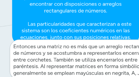 Mind Map: Matriz: es una disposición de elementos pertenecientes a un conjunto, en filas y columnas. En muchas aplicaciones de las matemáticas, nos vamos a encontrar con disposiciones o arreglos rectangulares de números. Las particularidades que caracterizan a este sistema son los coeficientes numéricos en las ecuaciones, junto con sus posiciones relativas.