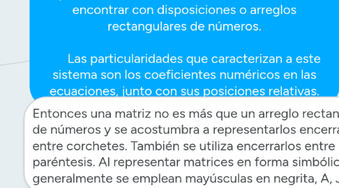 Mind Map: Matriz:                                                                      es una disposición de elementos pertenecientes a un conjunto, en filas y columnas. En muchas aplicaciones de las matemáticas, nos vamos a encontrar con disposiciones o arreglos rectangulares de números.        Las particularidades que caracterizan a este sistema son los coeficientes numéricos en las ecuaciones, junto con sus posiciones relativas.