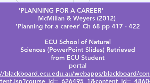 Mind Map: 'PLANNING FOR A CAREER'                   McMillan & Weyers (2012)                                     'Planning for a career' Ch 68 pp 417 - 422                                                                                                                                             ECU School of Natural Sciences (PowerPoint Slides) Retrieved from ECU Student portal https://blackboard.ecu.edu.au/webapps/blackboard/content/list Content.jsp?course_id=_626495_1&content_id=_4860440_1