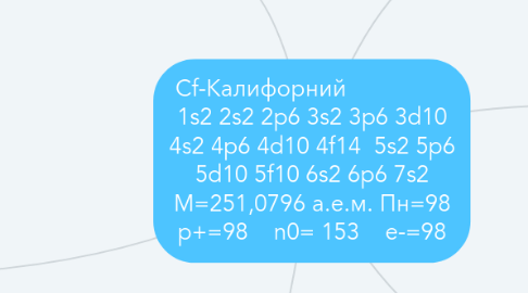 Mind Map: Cf-Калифорний                 1s2 2s2 2p6 3s2 3p6 3d10 4s2 4p6 4d10 4f14  5s2 5p6 5d10 5f10 6s2 6p6 7s2 M=251,0796 а.е.м. Пн=98 p+=98    n0= 153    e-=98