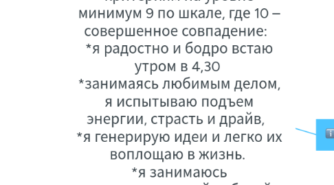 Mind Map: До 13/6/20 мой ежемесячный доход от любимого дела будет составлять 50,000 шекелей. Я буду чувствовать радость и благодарность на уровне минимум 9 из 10, где 10 – верх удовлетворения. При этом мое душевное и физическое состояние будет соответствовать следующим критериям на уровне минимум 9 по шкале, где 10 – совершенное совпадение:   *я радостно и бодро встаю утром в 4,30  *занимаясь любимым делом, я испытываю подъем энергии, страсть и драйв,   *я генерирую идеи и легко их воплощаю в жизнь.  *я занимаюсь исследовательской работой в своем деле  *все свои навыки и умения я интегрирую и использую в своем деле  *чем больших масштабов мой бизнес, тем я здоровее и энергичнее себя чувствую  Все это состоится путями, направленными на высшее благо меня и всех, кого это касается.