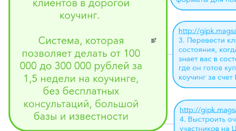 Mind Map: http://gipk.magsales.ru/ Генератор исключительно платежеспособных клиентов в дорогой коучинг. Система, которая позволяет делать от 100 000 до 300 000 рублей за 1,5 недели на коучинге, без бесплатных консультаций, большой базы и известности