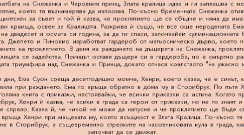 Mind Map: На сватбата на Снежанка и Чаровния принц, Злата кралица идва и ги заплашва с могъщо проклятие, което тя възнамерява да използва. По-късно бременната Снежанка отива при Румпелщилтсхен за съвет и той ѝ казва, че проклятието ще се сбъдне и няма да има повече щастливи краища, освен за Кралицата. Разкрива ѝ също, че все още неродената Ема ще се върне на двадесет и осмата си година, за да ги спаси, започвайки кулминационната битка с Кралицата. Джепето и Пинокио изработват гардероб от магьосническо дърво, което позволява избягването на проклятието. В деня на раждането на дъщерята на Снежанка, проклятието на Кралицата се задейства. Принцът оставя дъщеря си в гардероба, но е смъртно ранен. Кралицата триумфира над Снежанка и Принца, докато отнася кралството "на ужасно място".    В наши дни, Ема Суон среща десетгодишно момче, Хенри, което казва, че е синът, който е изоставила при раждането. Ема го връща обратно в дома му в Сторибрук. По пътя Хенри и показва голяма книга с приказки, настоявайки, че всички приказки са истина. Когато пристигат в Сторибрук, Хенри ѝ казва, че всики в града са герои от приказки, но не го знаят и за тях времето е спряло. Казва й, че никой не може да напусне и че проклятието ще бъде свалено от Ема. Тя връща Хенри при мащехата му, която всъщност е Злата Кралица. По-късно тя решава да остане в Сторибрук, а същевременно стрелките на часовниковата кула в града, най-после започват да се движат.