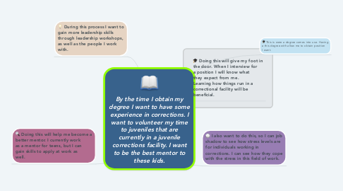 Mind Map: By the time I obtain my degree I want to have some experience in corrections. I want to volunteer my time to juveniles that are currently in a juvenile corrections facility. I want to be the best mentor to these kids.