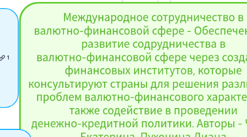 Mind Map: Международное сотрудничество в валютно-финансовой сфере - Обеспечение и развитие содрудничества в валютно-финансовой сфере через создание финансовых институтов, которые консультируют страны для решения различных проблем валютно-финансового характера, а также содействие в проведении денежно-кредитной политики. Авторы - Чуева Екатерина, Пухонина Диана