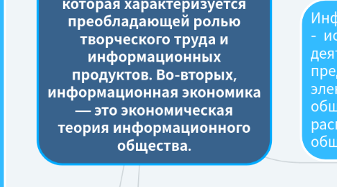 Mind Map: Информационная экономика - термин, используемый для обозначения двух понятий. Во-первых, информационная экономика есть современная стадия развития цивилизации, которая характеризуется преобладающей ролью творческого труда и информационных продуктов. Во-вторых, информационная экономика — это экономическая теория информационного общества.