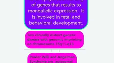 Mind Map: Genomic Imprinting-refers to an epigenetic marking of genes that results to monoallelic expression.  It is involved in fetal and behavioral development.